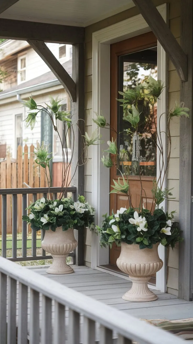 Rustic Porch Oasis with Vibrant Artificial Greenery