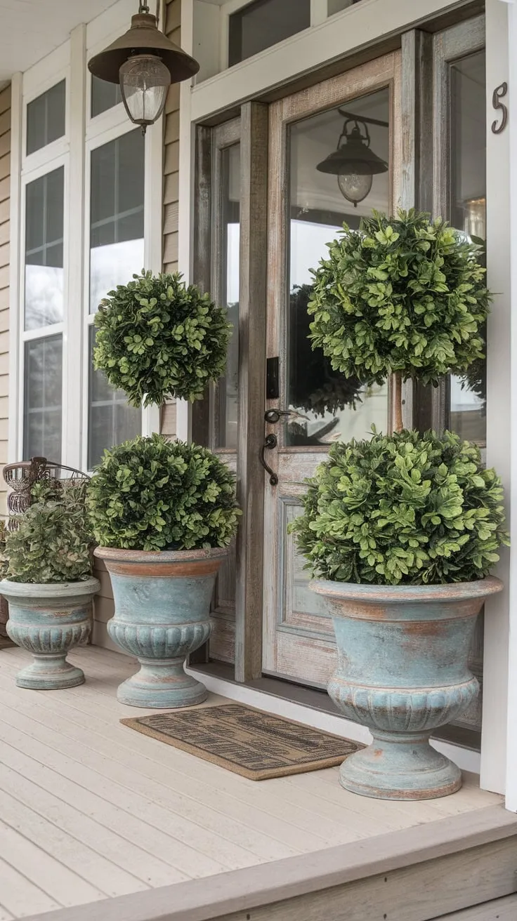 Charming Front Porch Planters with Rustic Flair
