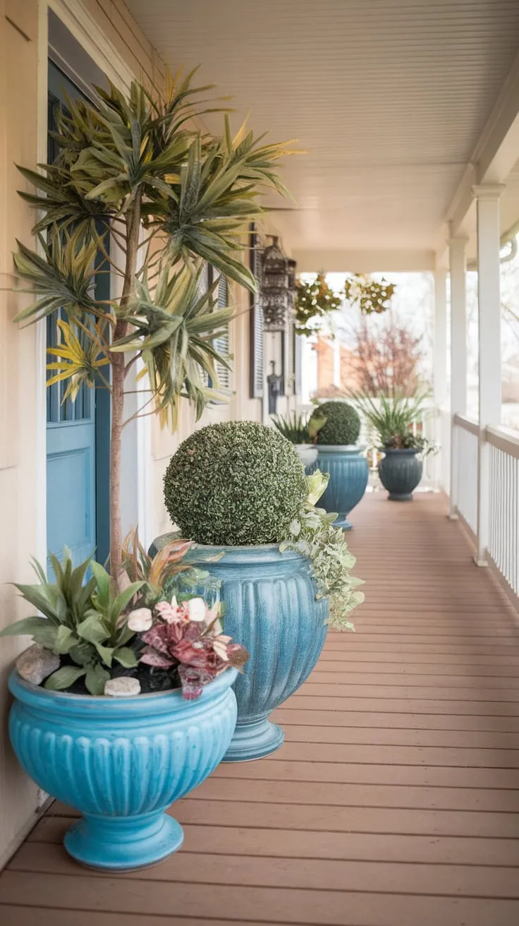 Charming Front Porch with Lush Planters