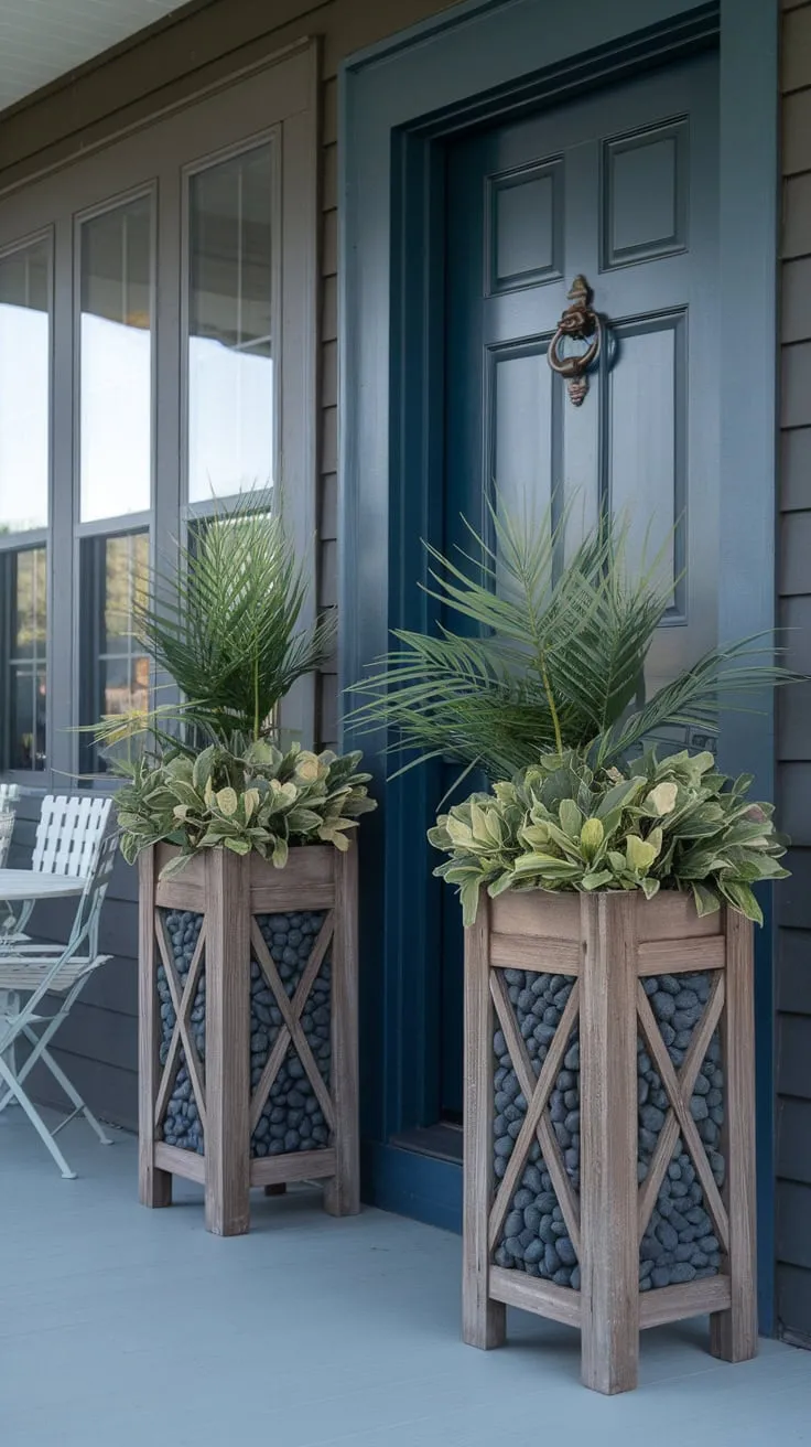 Stylish Front Porch Oasis Featuring Artificial Greenery and a Bold Blue Door