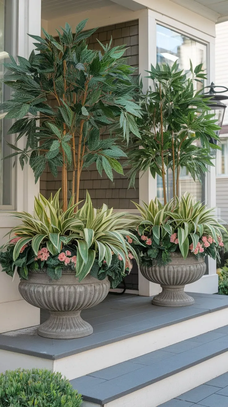 Charming Front Porch with Lush Artificial Planters