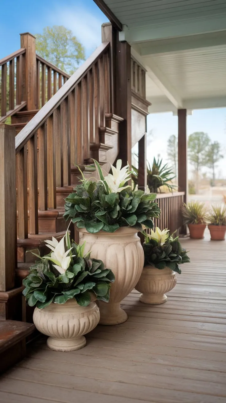 Charming Front Porch with Lush Faux Planters