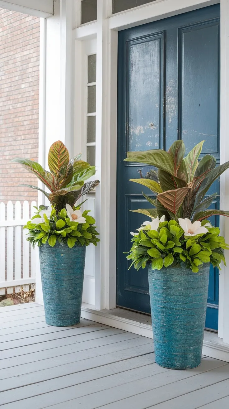 Charming Front Porch with Lush Faux Planters