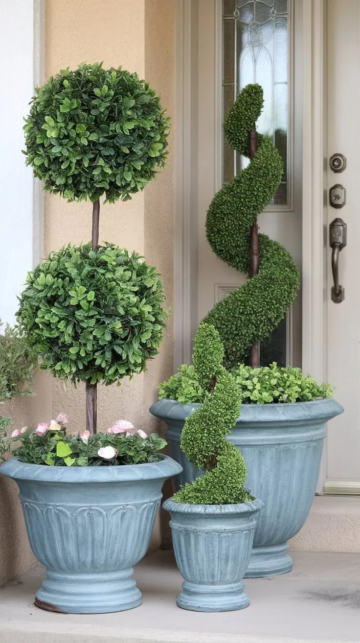 Charming Front Porch with Lush Faux Planters
