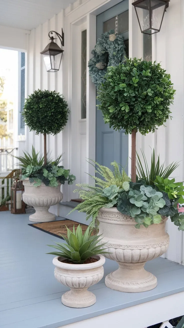 Charming Front Porch with Lush Faux Planters