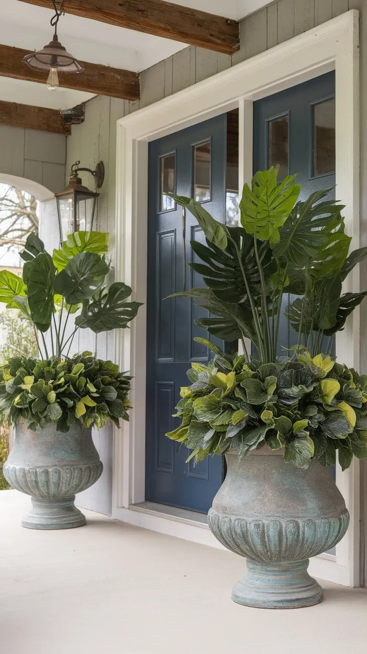 Charming Front Porch with Lush Artificial Planters