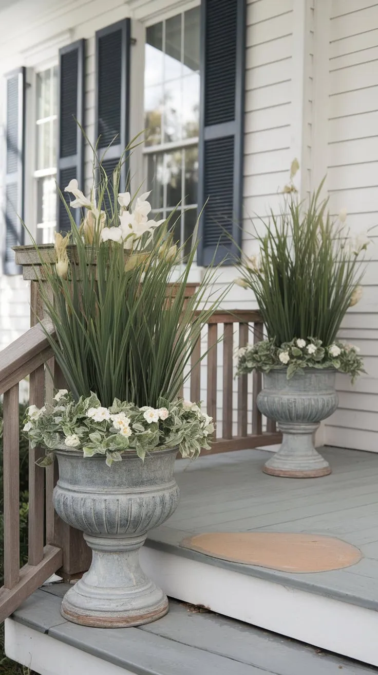 Charming Front Porch with Rustic Planters