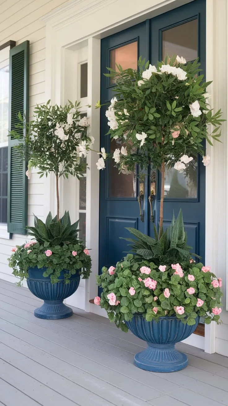 Vibrant Greenery and Blooms Frame a Charming Blue Door