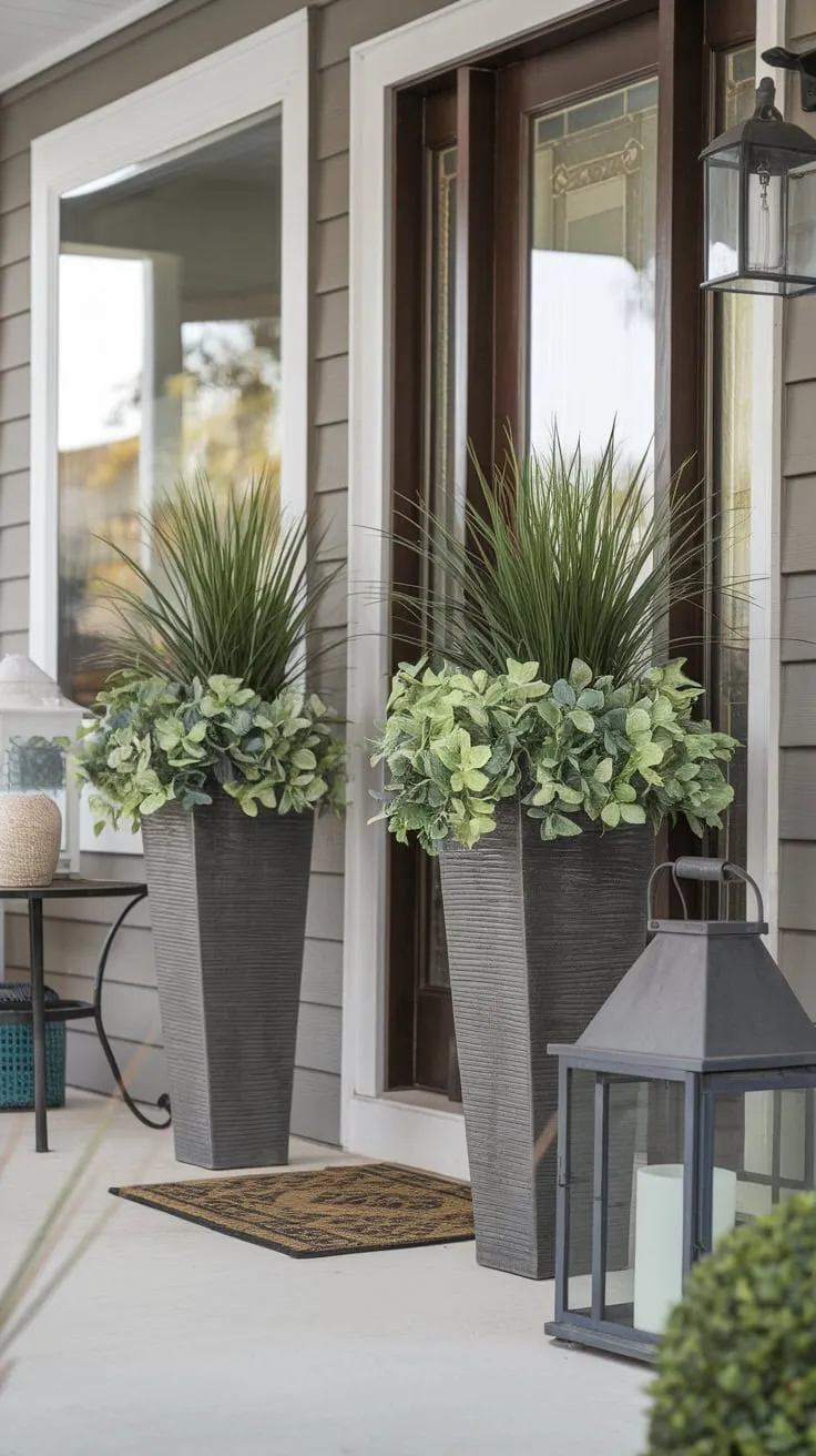 Stylish Entryway Featuring Tall Artificial Greenery