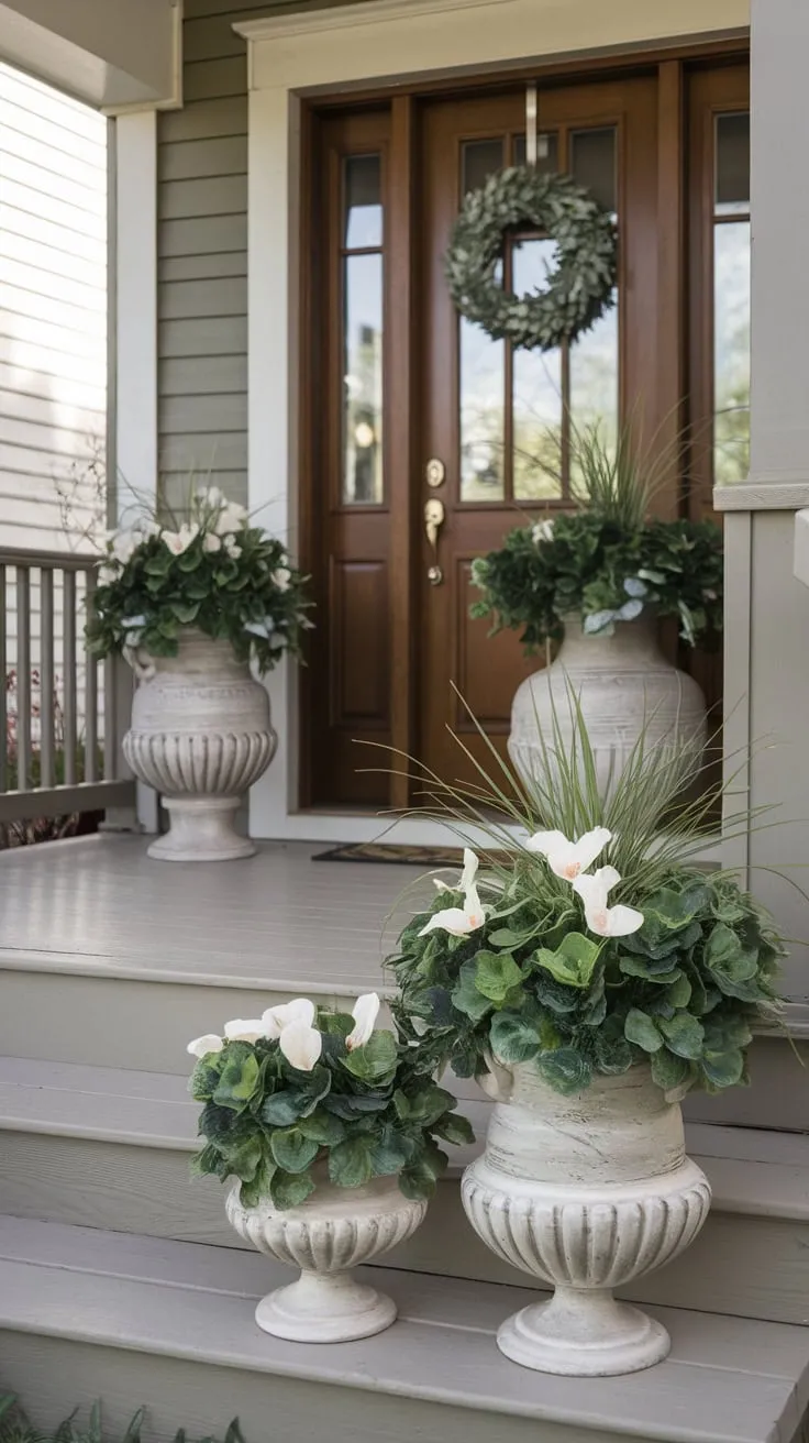 Charming Front Porch with Lush Faux Planters