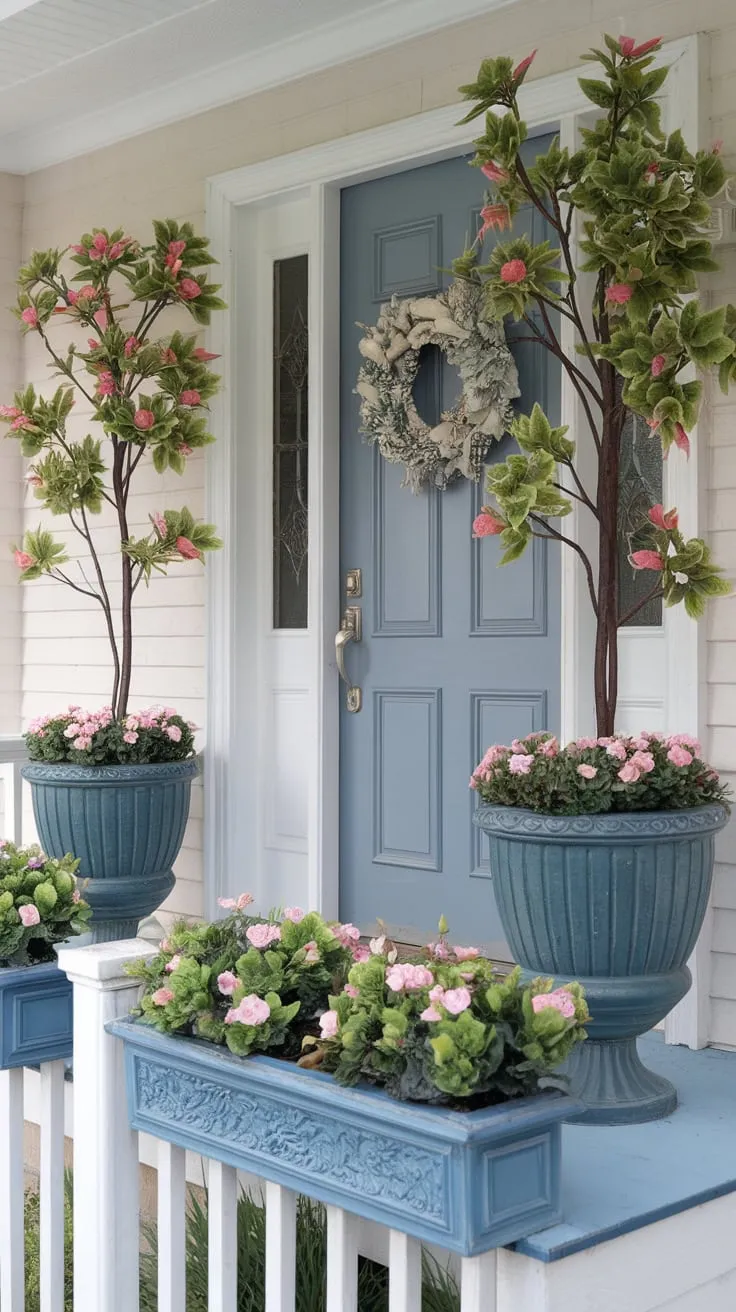 Vibrant Blue Door Framed by Stunning Artificial Planters