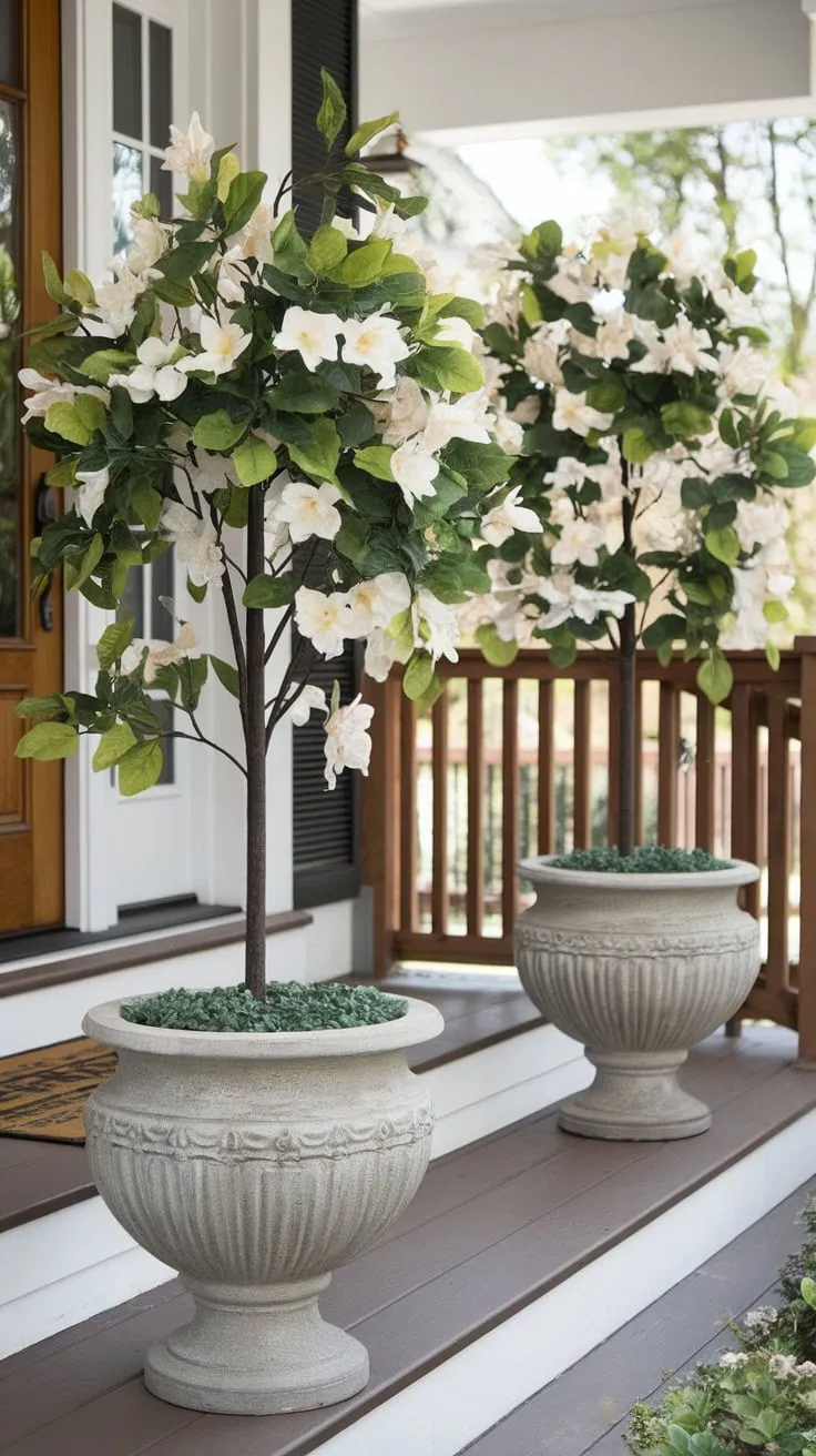 Lifelike Faux Trees Adorn a Welcoming Front Porch