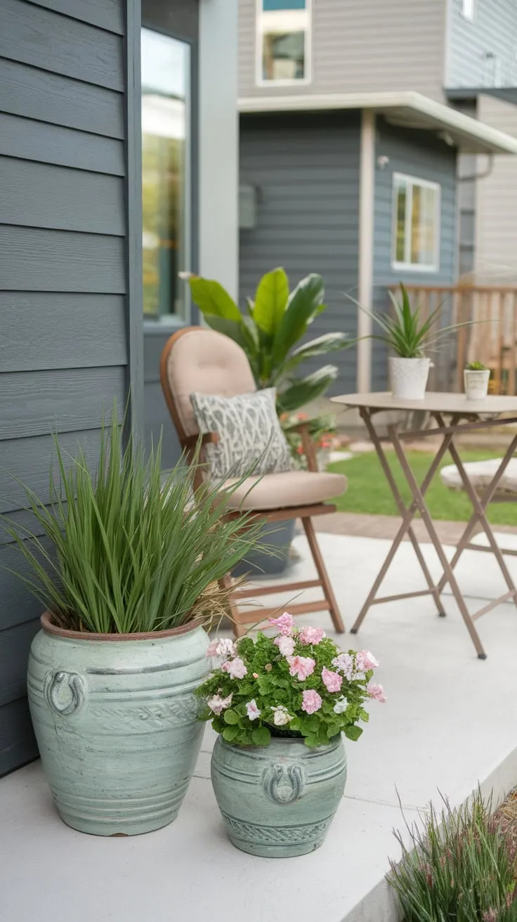 Modern Front Porch Oasis Featuring Lush Pots and Stylish Seating