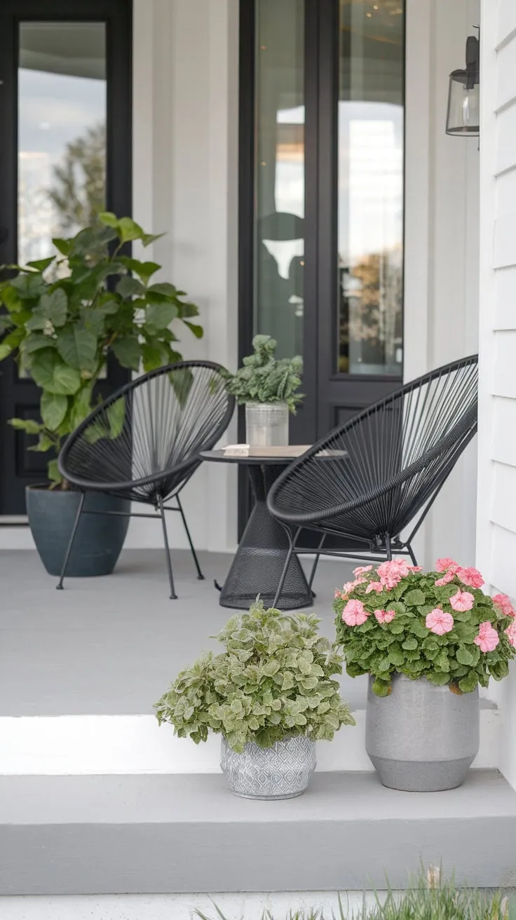 Modern Porch Decor Featuring Lush Greenery and Blooms