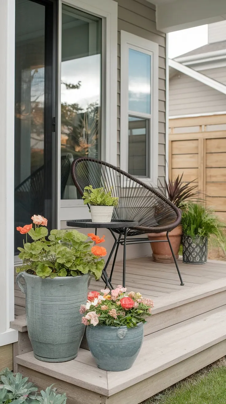 Charming Front Porch with Lush Pots and Cozy Patio