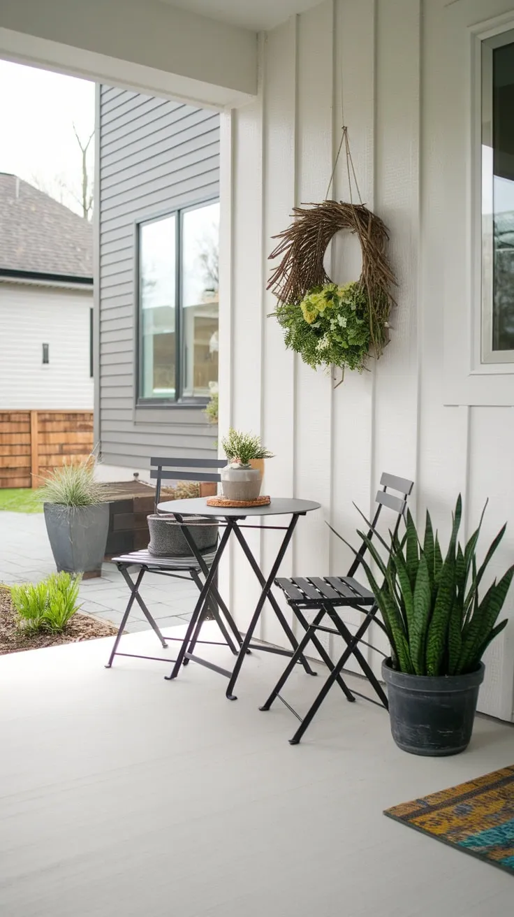 Modern Porch Oasis with Potted Plants and Cozy Seating