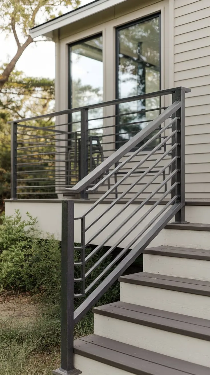 Sleek Black Metal Railing Elevates Modern Beach House