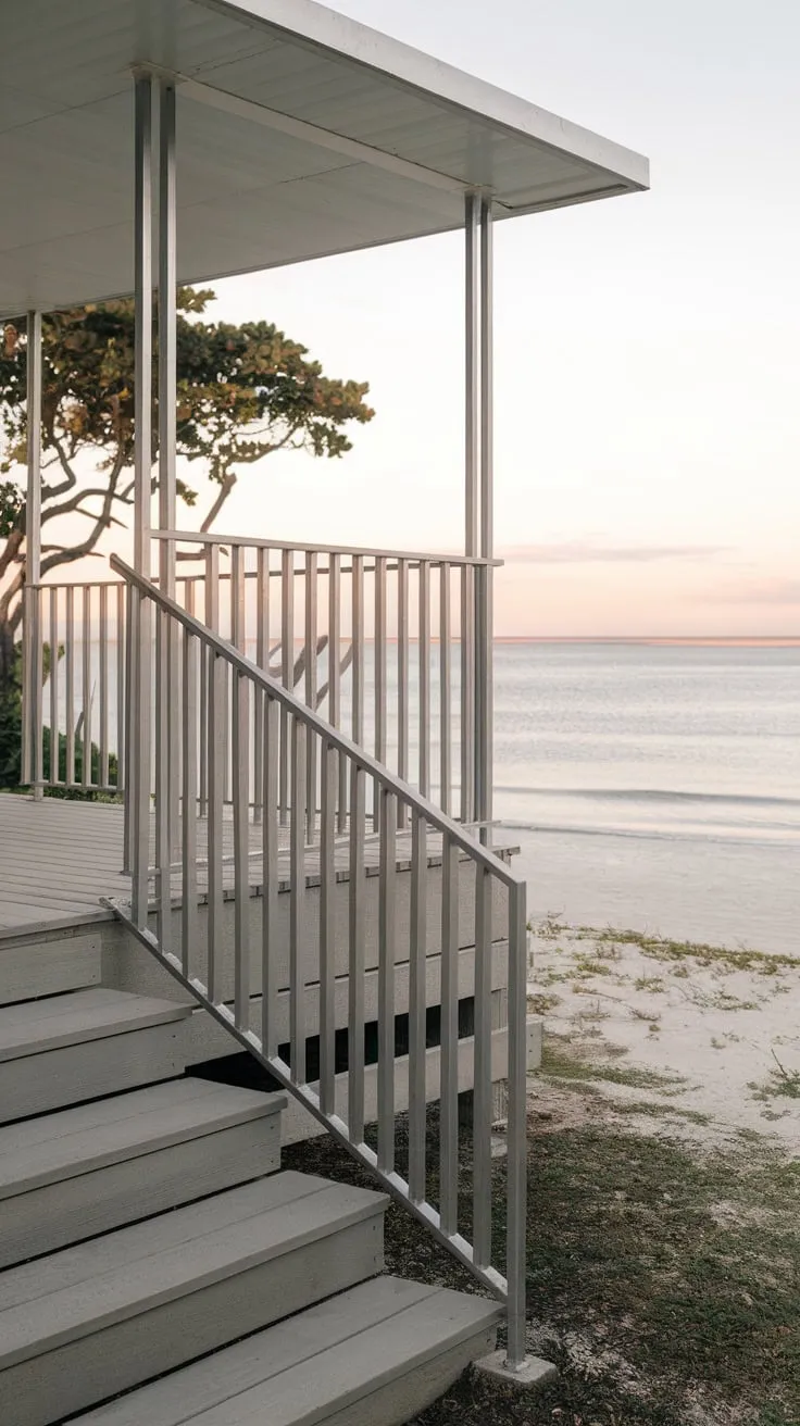 Sleek Metal Railing Elevates Modern Beach House Porch
