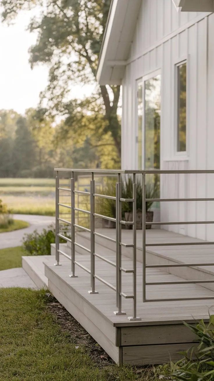 Minimalist Front Porch Railing Enhances Serene Home Vibe
