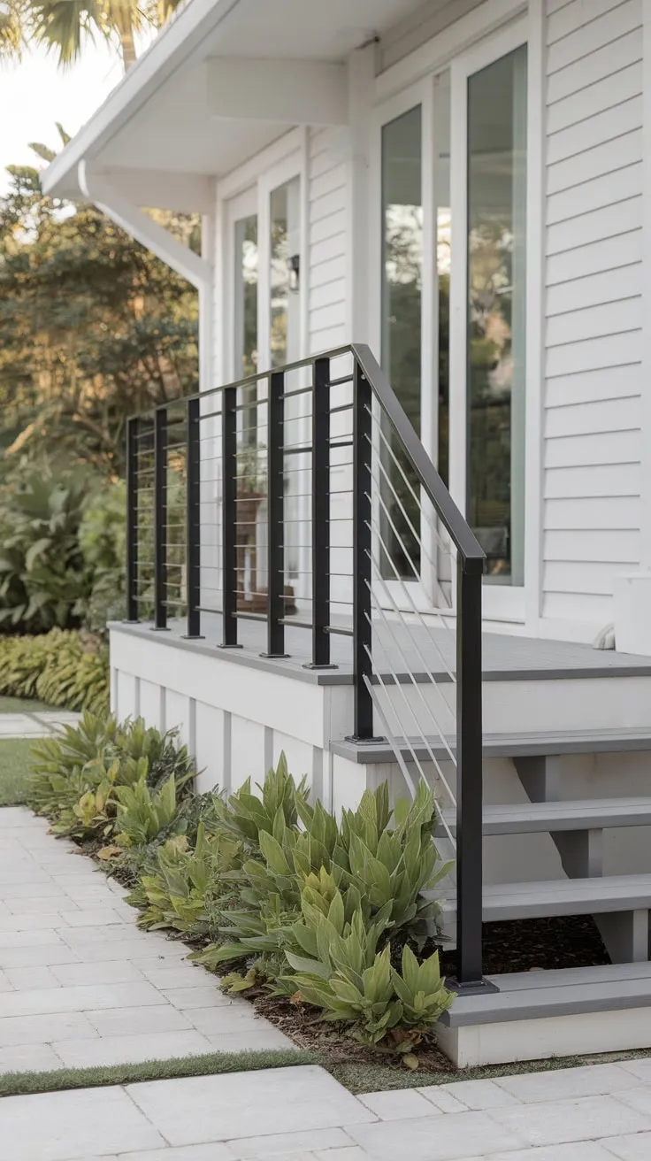 Modern Minimalist Railing Enhances Coastal Porch Appeal