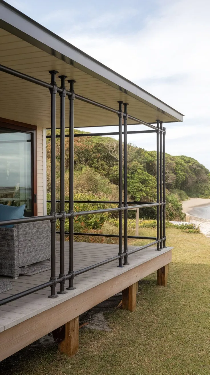 Sleek Black Railing Elevates Beach House Charm