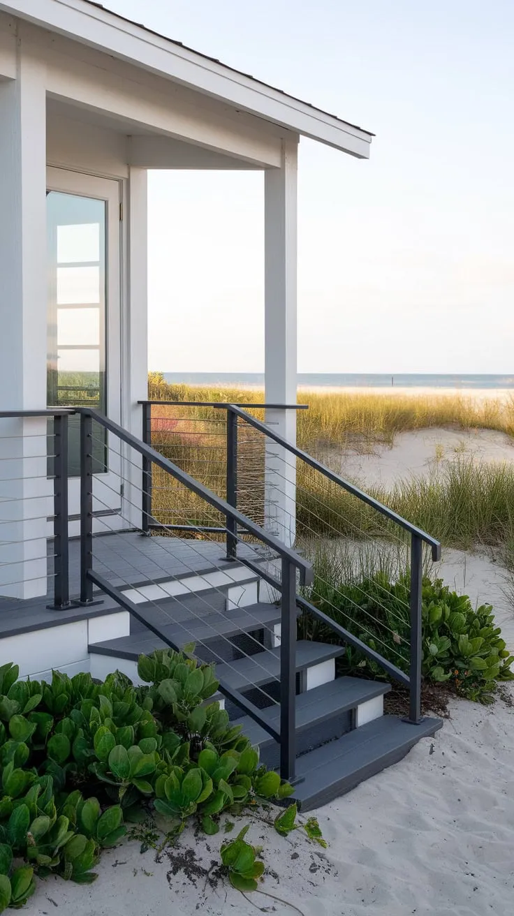 Sleek Metal Railing Elevates Modern Beach House Charm