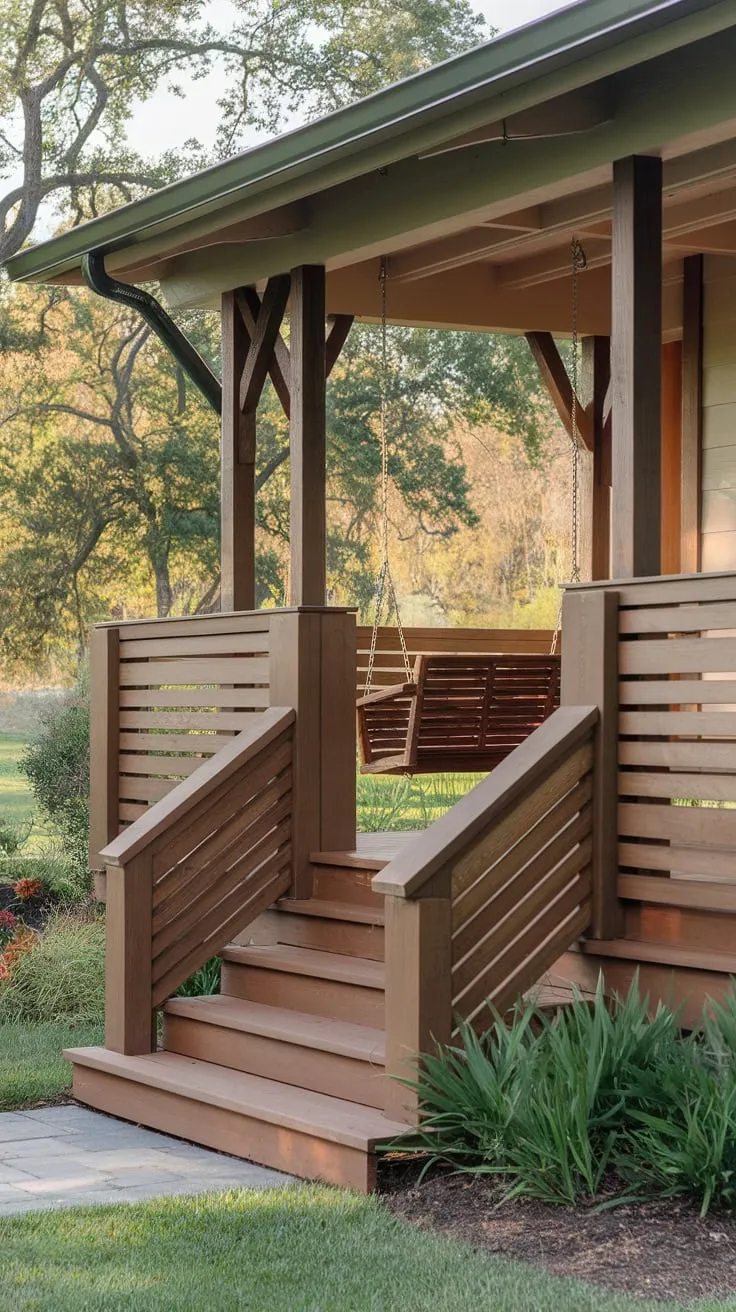Inviting Front Porch Oasis with Horizontal Wood Railings