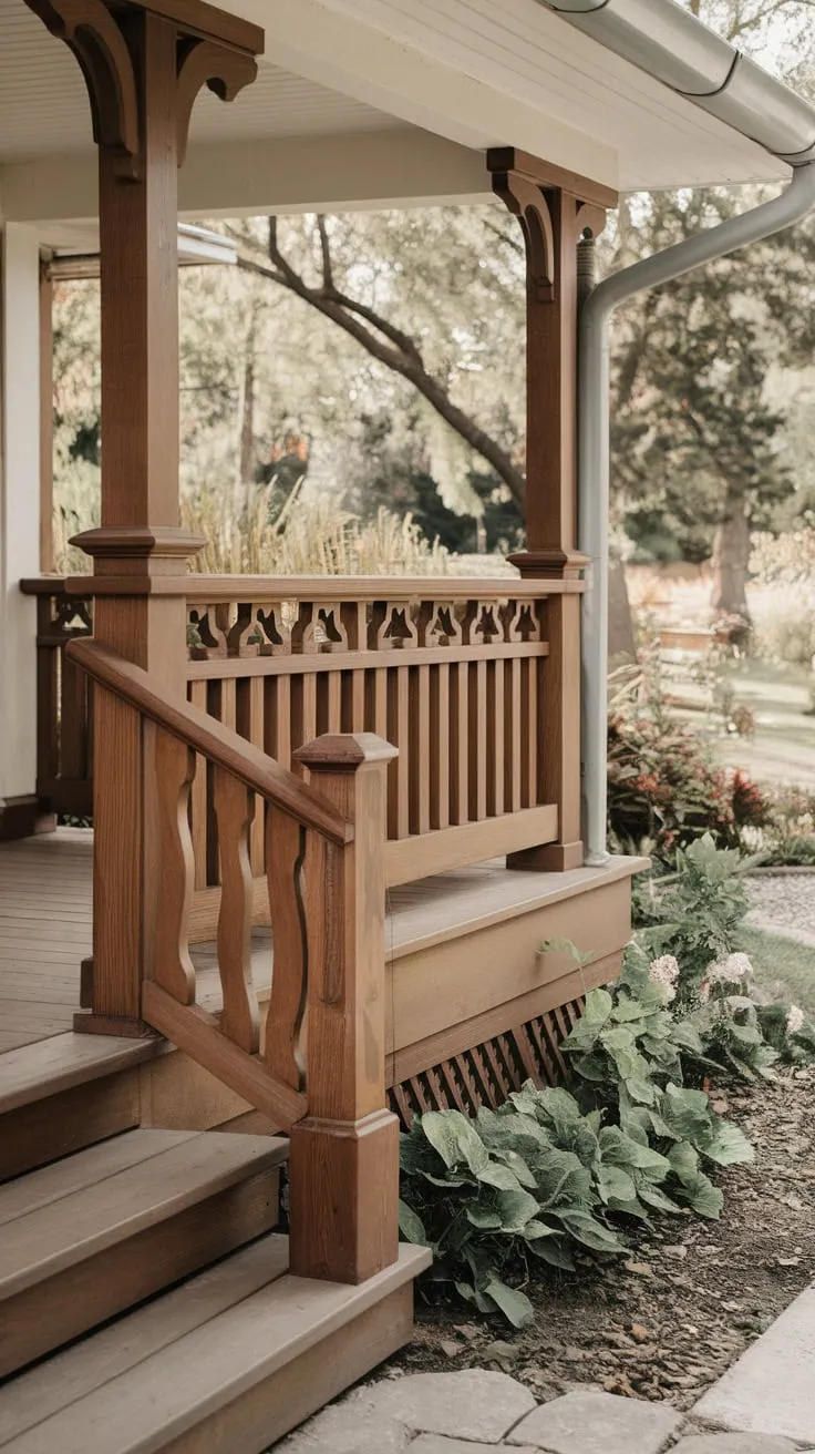 Elegant Wooden Railings Enhance a Cozy Front Porch