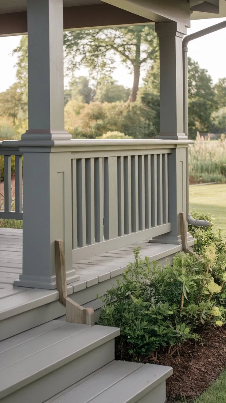 Elegant Gray Balusters Frame a Cozy Craftsman Porch