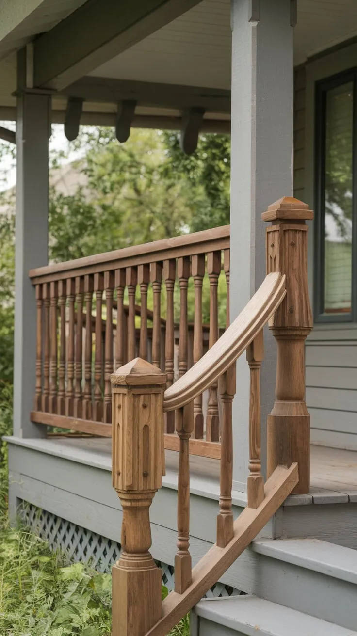 Elegant Wooden Railings Framing a Serene Front Porch