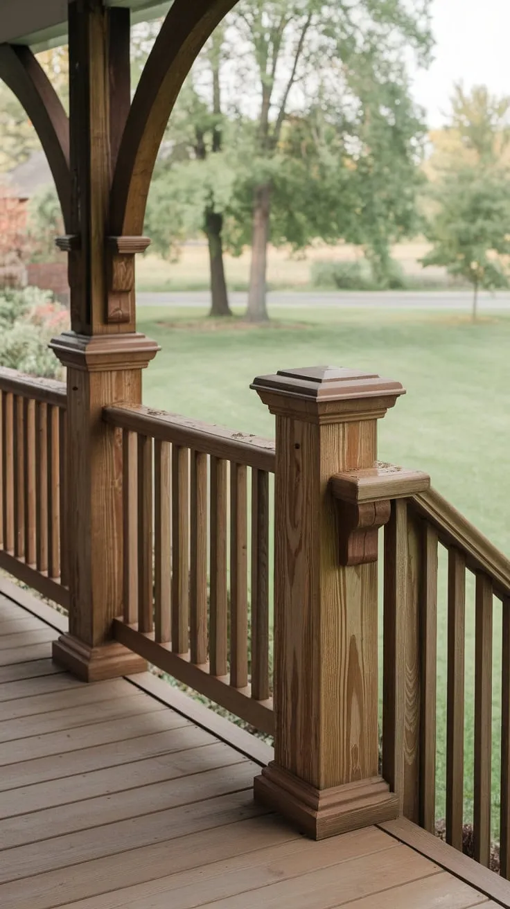 Charming Wooden Railings Enhance a Cozy Front Porch