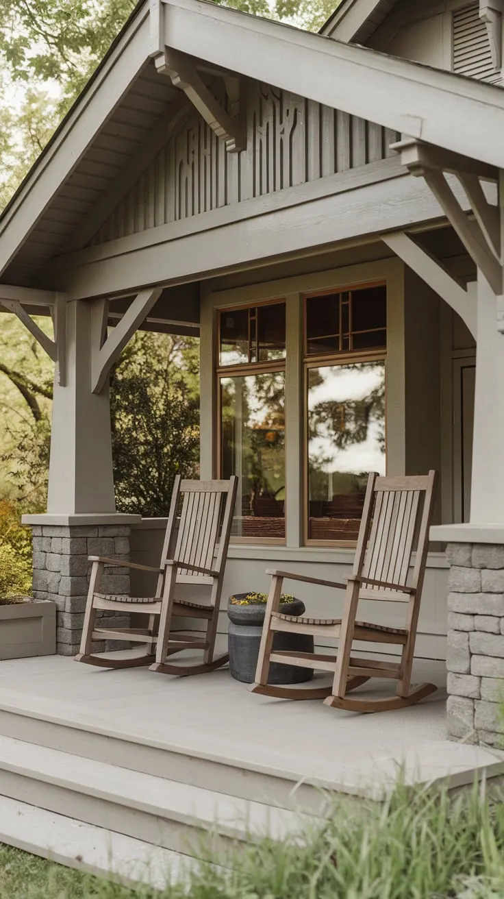 Charming Craftsman Porch with Rocking Chairs and Lush Greenery