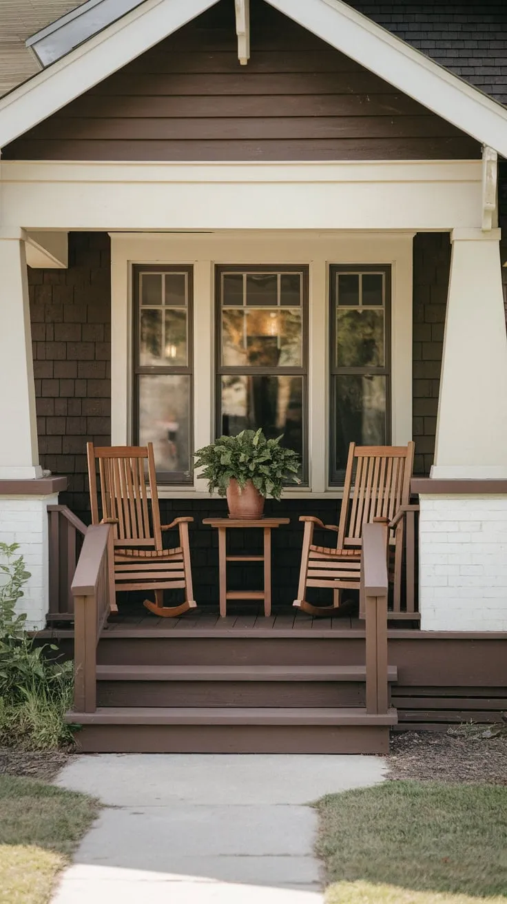Cozy Front Porch Retreat with Rocking Chairs and Greenery
