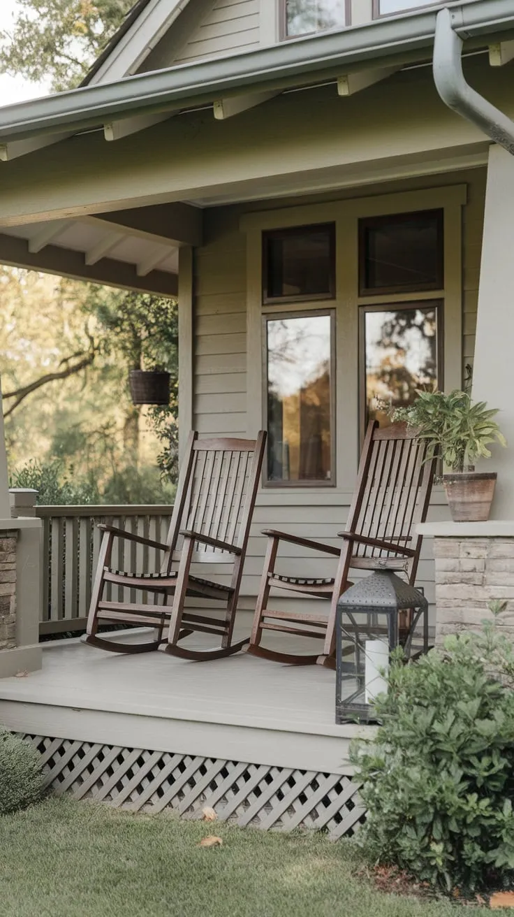 Charming Craftsman Porch with Rocking Chairs and Lush Views