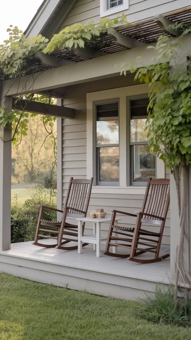 Serene Front Porch Oasis with Rocking Chairs and Pergola