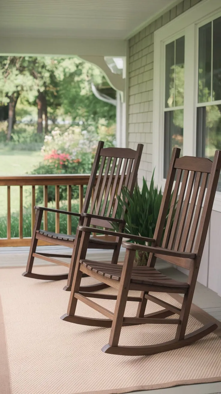 Charming Craftsman Porch with Rocking Chairs and Garden Views
