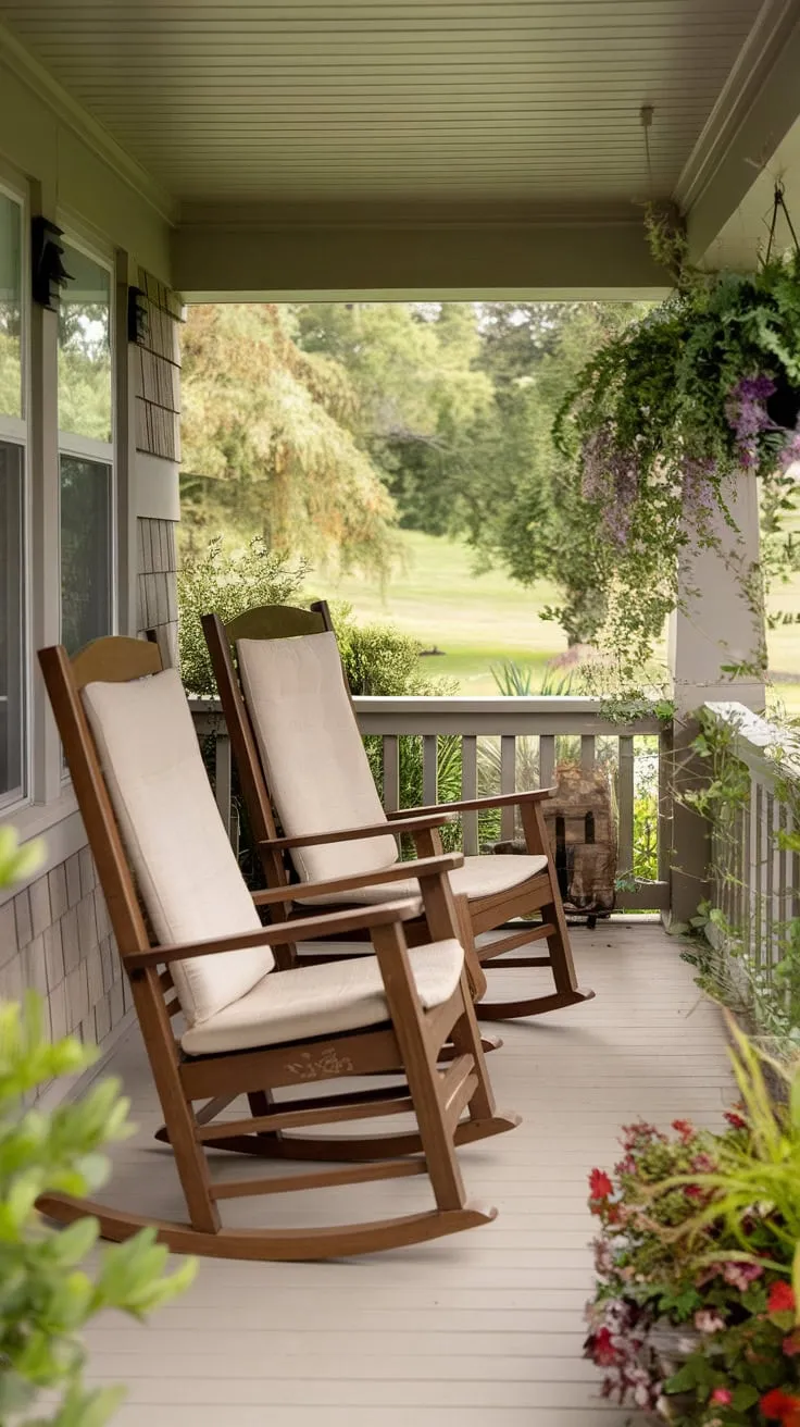 Cozy Front Porch Oasis with Rocking Chairs and Greenery
