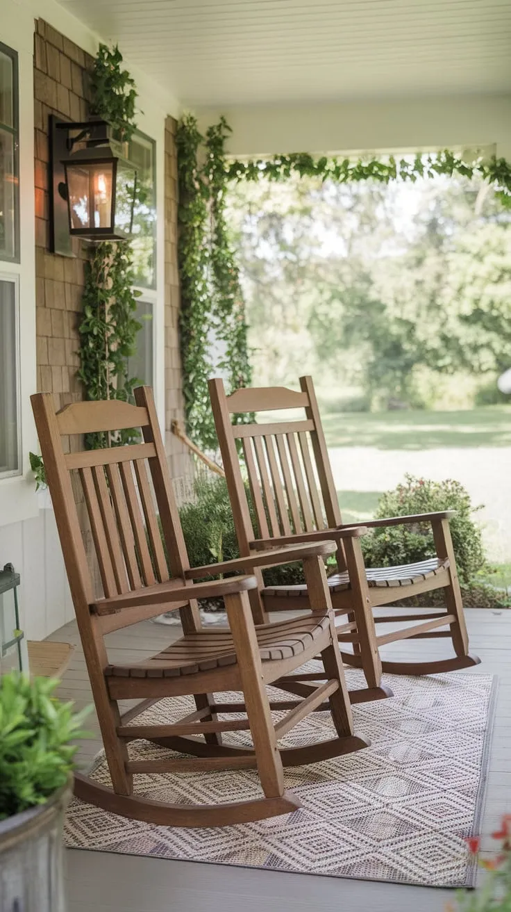 Charming Craftsman Porch with Rocking Chairs and Lush Views