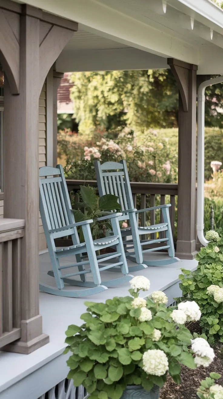 Cozy Blue Rocking Chairs on a Welcoming Front Porch
