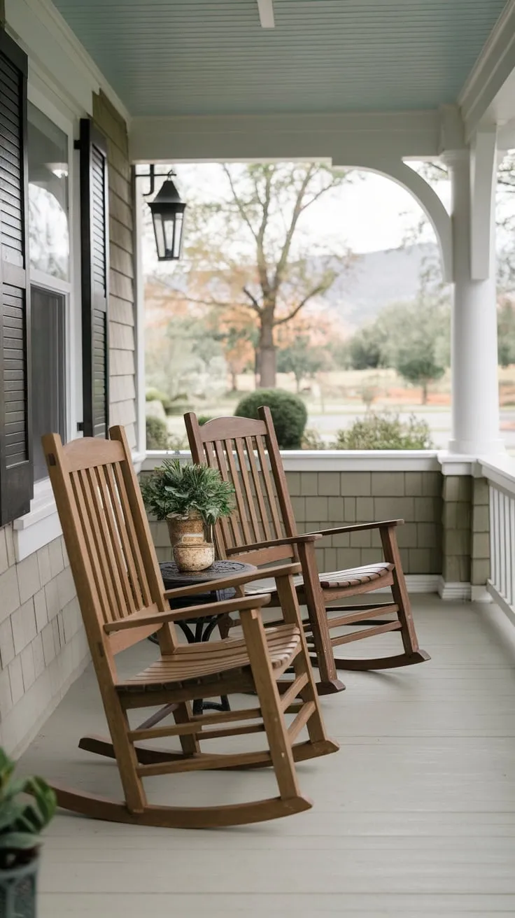 Serene Front Porch Oasis with Rocking Chairs and Nature's Beauty