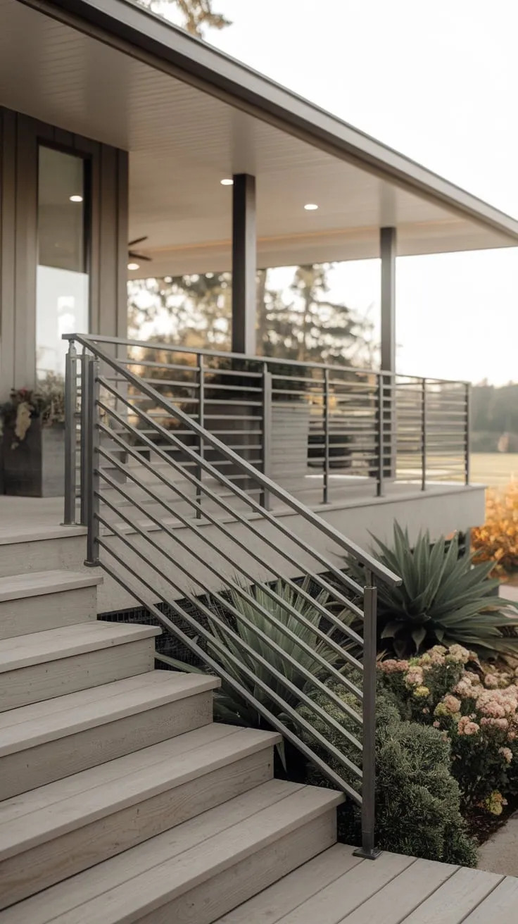 Modern Minimalism Meets Rustic Charm on Front Porch Stairs