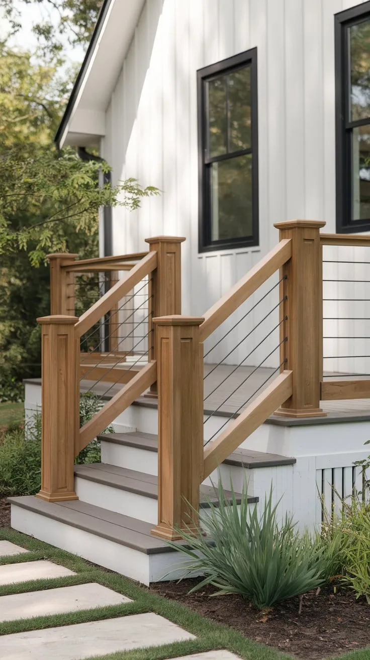 Chic Farmhouse Porch with Stylish Stairs