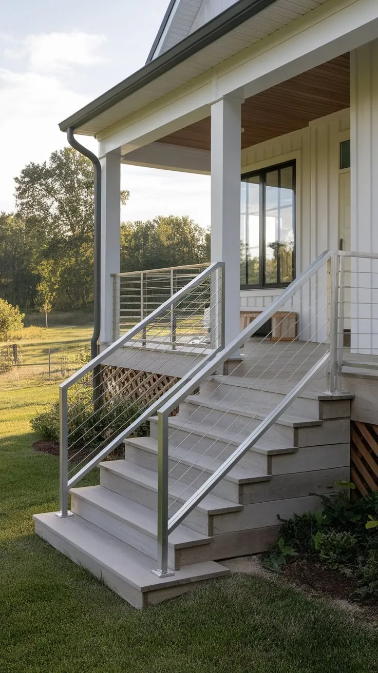Chic Metal-Railed Stairs Elevate This Modern Farmhouse Porch
