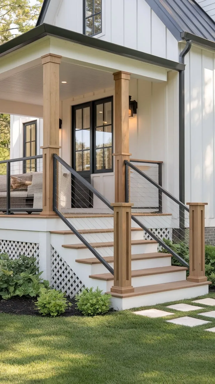 Chic Front Porch Stairs in a Modern Farmhouse