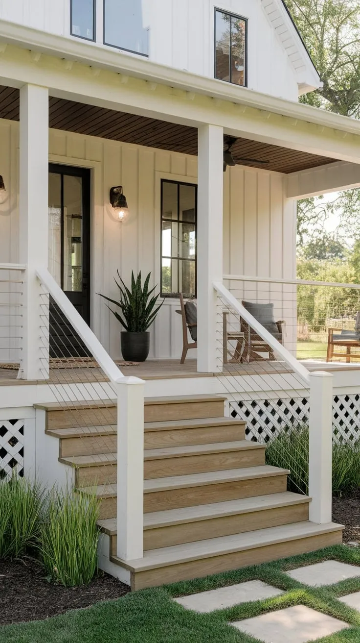Chic Farmhouse Porch with Railing-Free Stairs