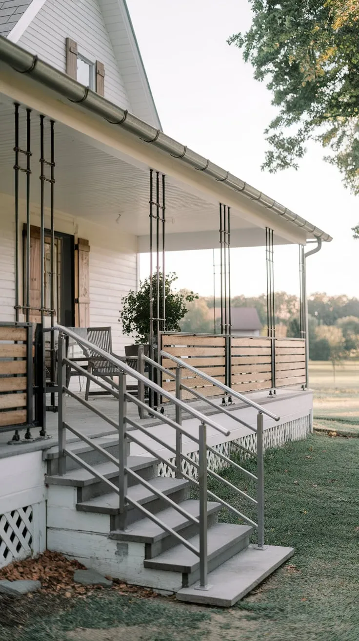 Charming Farmhouse Porch with Stylish Steel Railing