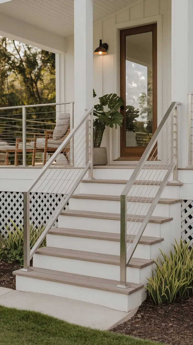 Chic Farmhouse Front Porch with Stylish Stairs