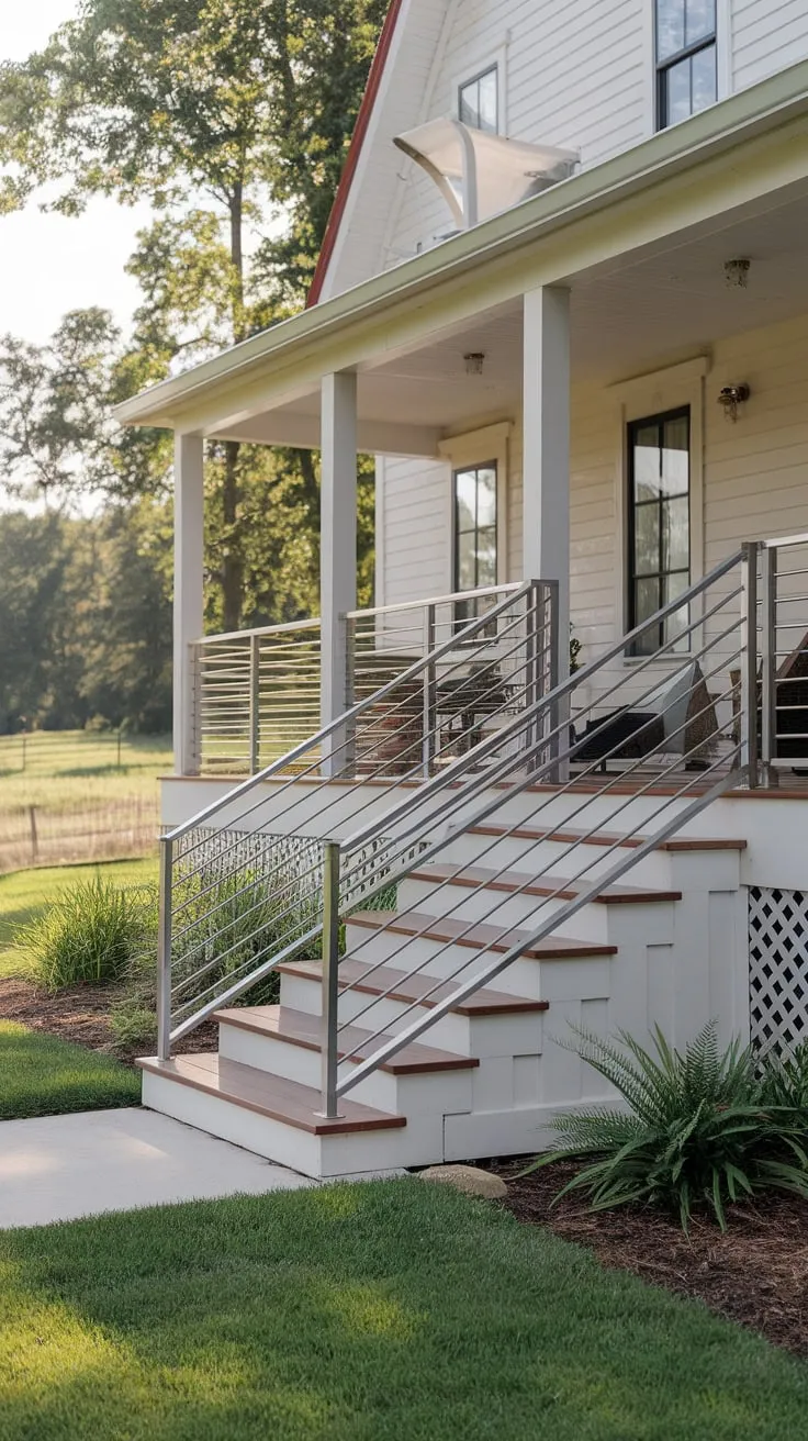 Modern Metal Railing Enhances Cozy Front Porch Charm