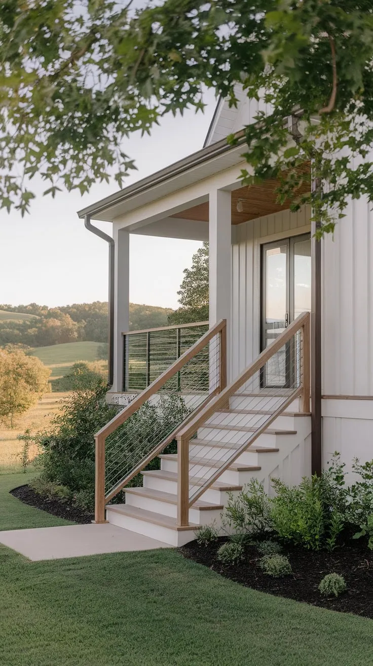 Chic Farmhouse Porch with Stylish Stairs