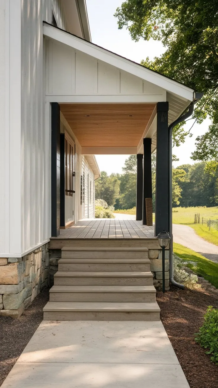 Stylish Front Porch Stairs in a Serene Countryside Setting